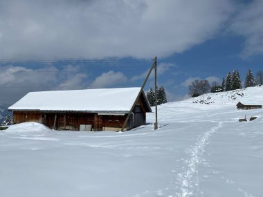 İsviçre çayırlarındaki yerli dağ kulübeleri ve ahşap ahırlar taze beyaz kar örtüsüyle kaplıdır, Nesslau - Obertoggenburg, İsviçre (Schweiz)