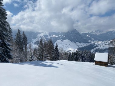 İsviçre çayırlarındaki yerli dağ kulübeleri ve ahşap ahırlar taze beyaz kar örtüsüyle kaplıdır, Nesslau - Obertoggenburg, İsviçre (Schweiz)