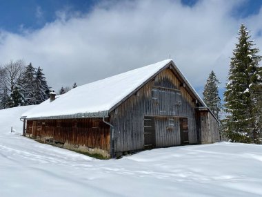 İsviçre çayırlarındaki yerli dağ kulübeleri ve ahşap ahırlar taze beyaz kar örtüsüyle kaplıdır, Nesslau - Obertoggenburg, İsviçre (Schweiz)