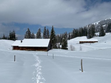 İsviçre çayırlarındaki yerli dağ kulübeleri ve ahşap ahırlar taze beyaz kar örtüsüyle kaplıdır, Nesslau - Obertoggenburg, İsviçre (Schweiz)