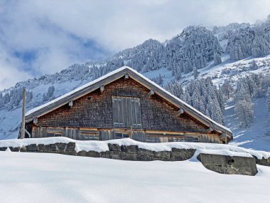 İsviçre çayırlarındaki yerli dağ kulübeleri ve ahşap ahırlar taze beyaz kar örtüsüyle kaplıdır, Nesslau - Obertoggenburg, İsviçre (Schweiz)