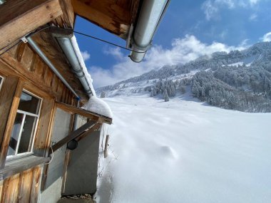 İsviçre çayırlarındaki yerli dağ kulübeleri ve ahşap ahırlar taze beyaz kar örtüsüyle kaplıdır, Nesslau - Obertoggenburg, İsviçre (Schweiz)