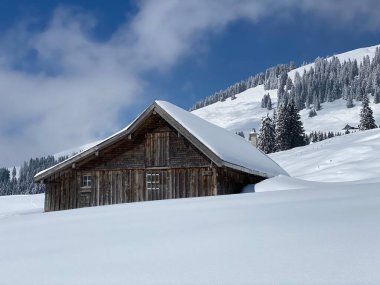 İsviçre çayırlarındaki yerli dağ kulübeleri ve ahşap ahırlar taze beyaz kar örtüsüyle kaplıdır, Nesslau - Obertoggenburg, İsviçre (Schweiz)