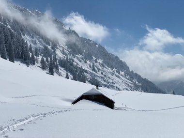 İsviçre çayırlarındaki yerli dağ kulübeleri ve ahşap ahırlar taze beyaz kar örtüsüyle kaplıdır, Nesslau - Obertoggenburg, İsviçre (Schweiz)