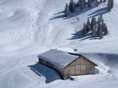 İsviçre çayırlarındaki yerli dağ kulübeleri ve ahşap ahırlar taze beyaz kar örtüsüyle kaplıdır, Nesslau - Obertoggenburg, İsviçre (Schweiz)
