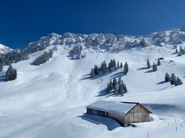 İsviçre çayırlarındaki yerli dağ kulübeleri ve ahşap ahırlar taze beyaz kar örtüsüyle kaplıdır, Nesslau - Obertoggenburg, İsviçre (Schweiz)