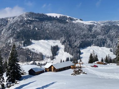 İsviçre çayırlarındaki yerli dağ kulübeleri ve ahşap ahırlar taze beyaz kar örtüsüyle kaplıdır, Nesslau - Obertoggenburg, İsviçre (Schweiz)