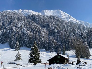 İsviçre çayırlarındaki yerli dağ kulübeleri ve ahşap ahırlar taze beyaz kar örtüsüyle kaplıdır, Nesslau - Obertoggenburg, İsviçre (Schweiz)