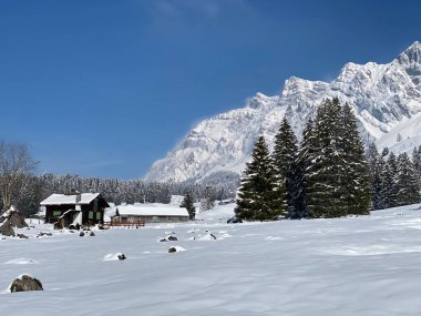 İsviçre çayırlarındaki yerli dağ kulübeleri ve ahşap ahırlar taze beyaz kar örtüsüyle kaplıdır, Nesslau - Obertoggenburg, İsviçre (Schweiz)