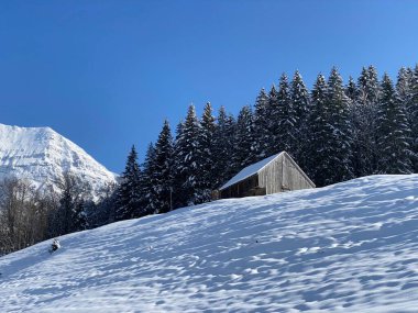 İsviçre çayırlarındaki yerli dağ kulübeleri ve ahşap ahırlar taze beyaz kar örtüsüyle kaplıdır, Nesslau - Obertoggenburg, İsviçre (Schweiz)