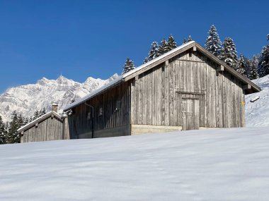 İsviçre çayırlarındaki yerli dağ kulübeleri ve ahşap ahırlar taze beyaz kar örtüsüyle kaplıdır, Nesslau - Obertoggenburg, İsviçre (Schweiz)