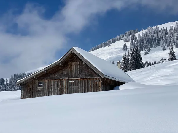 スイスの牧草地に新鮮な白い雪に覆われた先住民の高山の小屋と木製の牛の厩舎 Nesslau Obertoggenburg スイス スイス — ストック写真