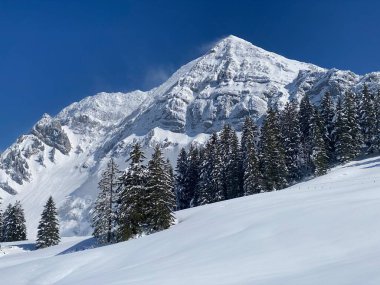 Peri masalı dağ atmosferi ve kar kaplı dağ zirvesi Lutispitz (ya da Luetispitz, 1655 m) Alpstein kitlesi ve Obertoggenburg alp vadisi üzerinde - Nesslau, İsviçre / Schweiz