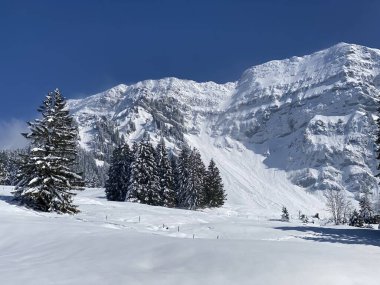 Peri masalı dağ atmosferi ve kar kaplı dağ zirvesi Lutispitz (ya da Luetispitz, 1655 m) Alpstein kitlesi ve Obertoggenburg alp vadisi üzerinde - Nesslau, İsviçre / Schweiz