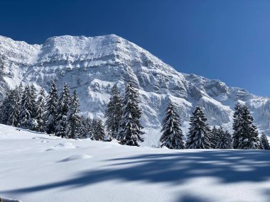 Peri masalı dağ atmosferi ve kar kaplı dağ zirvesi Lutispitz (ya da Luetispitz, 1655 m) Alpstein kitlesi ve Obertoggenburg alp vadisi üzerinde - Nesslau, İsviçre / Schweiz