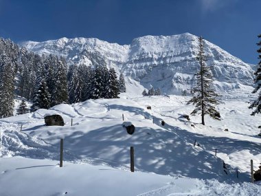 Peri masalı dağ atmosferi ve kar kaplı dağ zirvesi Lutispitz (ya da Luetispitz, 1655 m) Alpstein kitlesi ve Obertoggenburg alp vadisi üzerinde - Nesslau, İsviçre / Schweiz