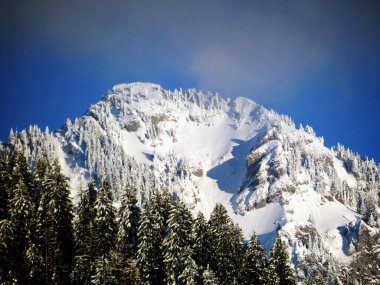 Peri masalı dağ atmosferi ve kar kaplı dağ zirvesi Lutispitz (ya da Luetispitz, 1655 m) Alpstein kitlesi ve Obertoggenburg alp vadisi üzerinde - Nesslau, İsviçre / Schweiz