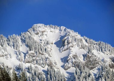 Peri masalı dağ atmosferi ve kar kaplı dağ zirvesi Lutispitz (ya da Luetispitz, 1655 m) Alpstein kitlesi ve Obertoggenburg alp vadisi üzerinde - Nesslau, İsviçre / Schweiz