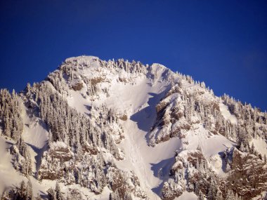 Peri masalı dağ atmosferi ve kar kaplı dağ zirvesi Lutispitz (ya da Luetispitz, 1655 m) Alpstein kitlesi ve Obertoggenburg alp vadisi üzerinde - Nesslau, İsviçre / Schweiz