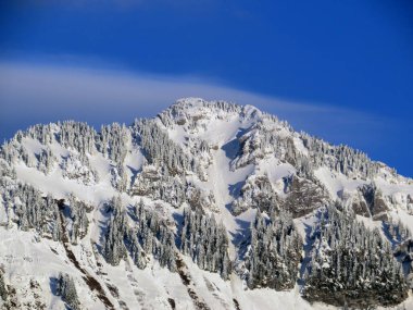 Peri masalı dağ atmosferi ve kar kaplı dağ zirvesi Lutispitz (ya da Luetispitz, 1655 m) Alpstein kitlesi ve Obertoggenburg alp vadisi üzerinde - Nesslau, İsviçre / Schweiz