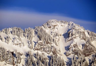 Peri masalı dağ atmosferi ve kar kaplı dağ zirvesi Lutispitz (ya da Luetispitz, 1655 m) Alpstein kitlesi ve Obertoggenburg alp vadisi üzerinde - Nesslau, İsviçre / Schweiz