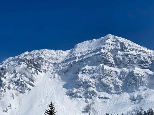 Pohádková Alpská Zimní Atmosféra Zasněžený Horský Vrchol Lutispitz Nebo Luetispitz — Stock fotografie