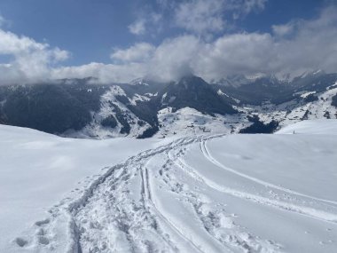 Alpstein dağlarının yamaçlarında ve İsviçre Alpleri 'nin taze dağlık kar örtüsünde, Nesslau - Obertoggenburg, İsviçre (Schweiz)
