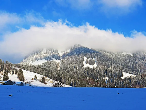 Icy Winter Atmosphere Low Clouds Snowy Peak Stockberg 1781 Alpstein — 스톡 사진