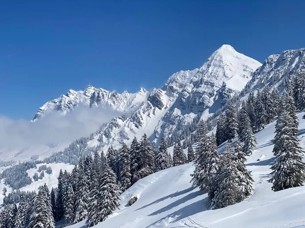 Peri masalı dağ atmosferi Alpstein dağ sırasının zirveleri ve Appenzell masif, Nesslau (Obertoggenburg bölgesi) - İsviçre 'nin St. Gallen Kantonu (Schweiz)