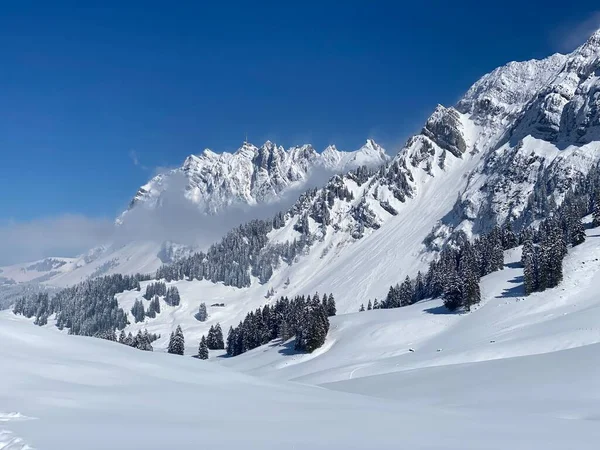 Peri masalı dağ atmosferi Alpstein dağ sırasının zirveleri ve Appenzell masif, Nesslau (Obertoggenburg bölgesi) - İsviçre 'nin St. Gallen Kantonu (Schweiz)