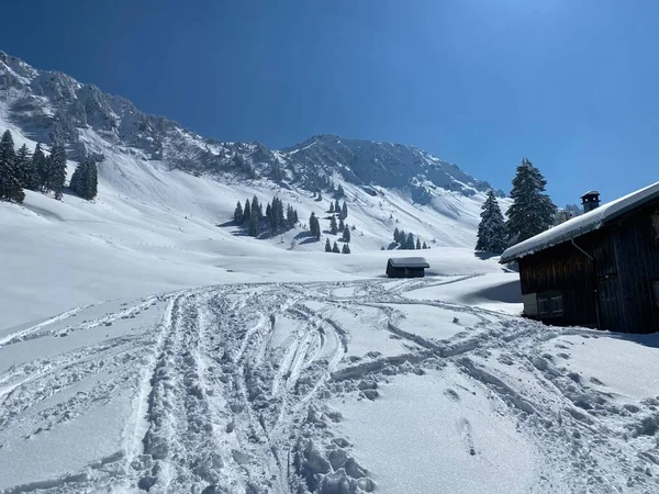 Wonderful Winter Hiking Trails Traces Slopes Alpstein Mountain Range Fresh — Foto de Stock
