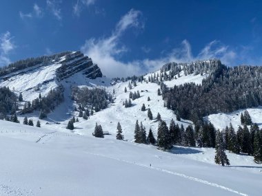 Peri masalı dağlarının kış atmosferi ve kar kaplı alp tepeleri Stockberg (1781 m) ve Chli Stockberg (1597 m) Alpstein dağı kütlesi, Nesslau - İsviçre 'nin Obertoggenburg bölgesinde (Schweiz)