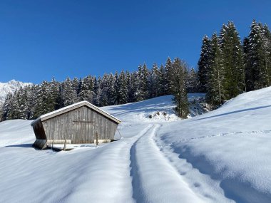 İsviçre çayırlarındaki yerli dağ kulübeleri ve ahşap ahırlar taze beyaz kar örtüsüyle kaplıdır, Nesslau - Obertoggenburg, İsviçre (Schweiz)