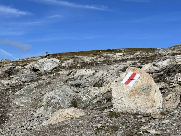 스위스 알프스 산맥의 산등성이에 탈이나 라엘라 알프스 계곡의 비탈에 표지판 — 스톡 사진