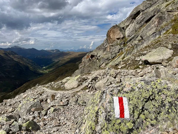 Гірські Дороговкази Маркування Схилах Fluelatal Або Fluela Alpine Valley Швейцарських — стокове фото