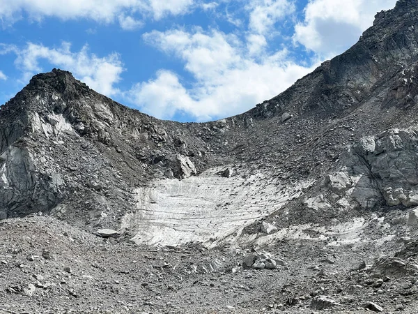 Consequences of global warming and climate change - the last summer remnants of the Joerigletscher alpine glacier over the Fluelapass mountain road pass, Davos - Canton of Grisons, Switzerland (Kanton Graubuenden, Schweiz)