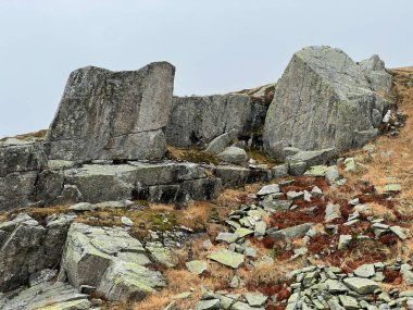 İsviçre 'nin sonbahar mevsiminde ve St. Gotthard geçidinde (Gotthardpass) kayalar ve taşlar, Airolo - Ticino Kantonu (Tessin), İsviçre (Schweiz)