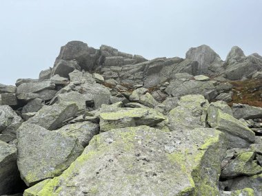 İsviçre 'nin sonbahar mevsiminde ve St. Gotthard geçidinde (Gotthardpass) kayalar ve taşlar, Airolo - Ticino Kantonu (Tessin), İsviçre (Schweiz)