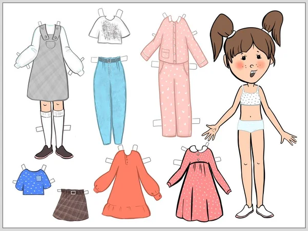 Set Vestiti Una Bambola Carta Gioco Bambini Illustrazione Digitale Colori — Foto Stock