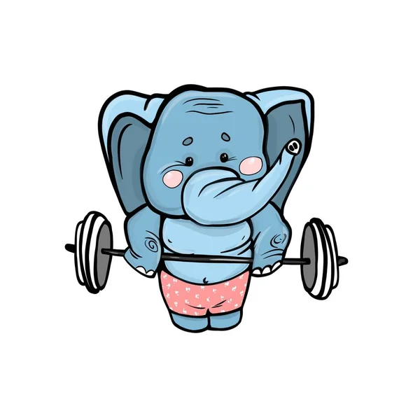 Elefant Viktlyftaren Idrottare Tecknad Karaktär Handritad Färg Illustration — Stockfoto