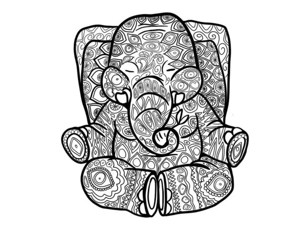 Indian Elephant Linear Black White Drawing Coloring Antistress — Stockfoto