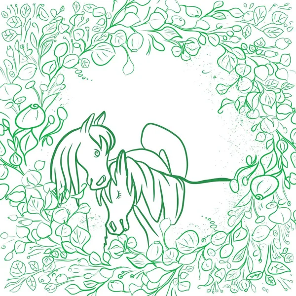 Cavalli Pony Pascolano Prato Fiori Libro Colorare Bambini Illustrazione Colorazione — Foto Stock