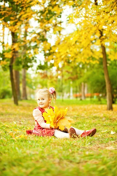 Niña en el parque de otoño (enfoque suave, enfoque en los ojos del bebé ) — Foto de Stock