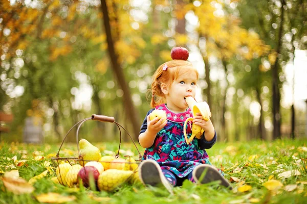 Malá holčička v podzimním parku (měkké zaměření, zaměření na oči dítěte) — Stock fotografie