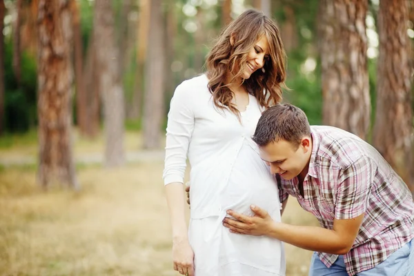 Familia juntos en el parque de verano. La mujer está embarazada — Foto de Stock