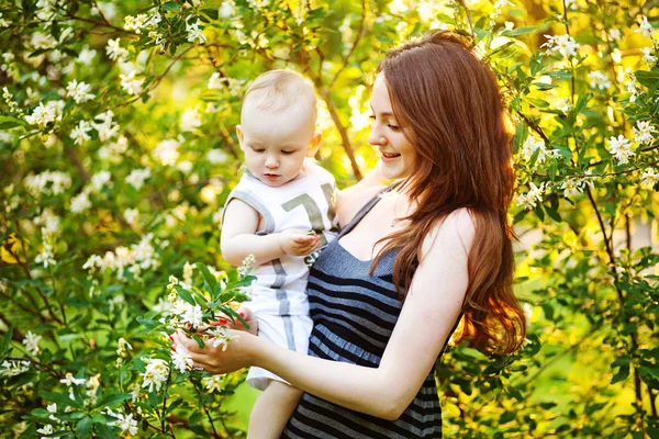 Anne çocuğunu blooms ağacın üzerinde seyir ile