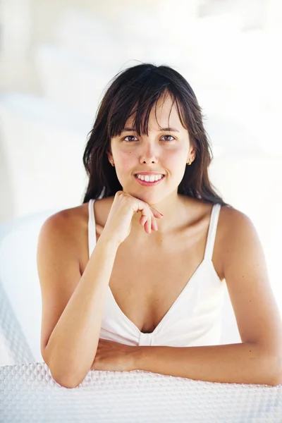 Beautiful brunette woman at home — Stock Photo, Image