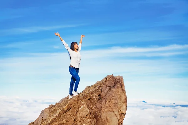 Mujer en un pico de montaña — Foto de Stock