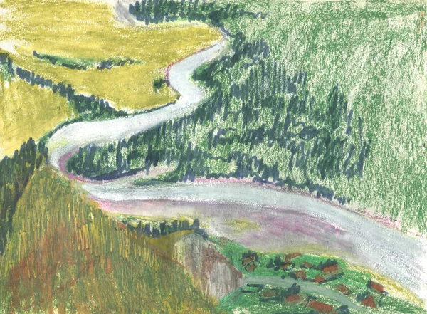 River Mountains Pastel Drawing Illustration — Stock Photo, Image