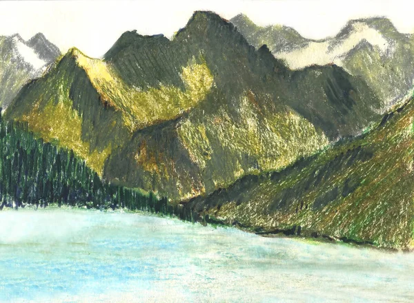 Lake Mountains Pastel Drawing Illustration — Stock Photo, Image